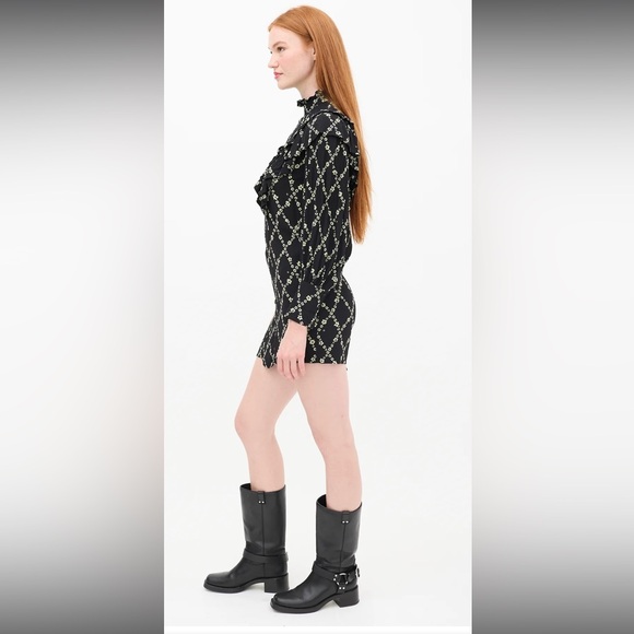 Ganni Crepe Margarita Black Mini Dress with Green Floral Lattice - Picture 4 of 17